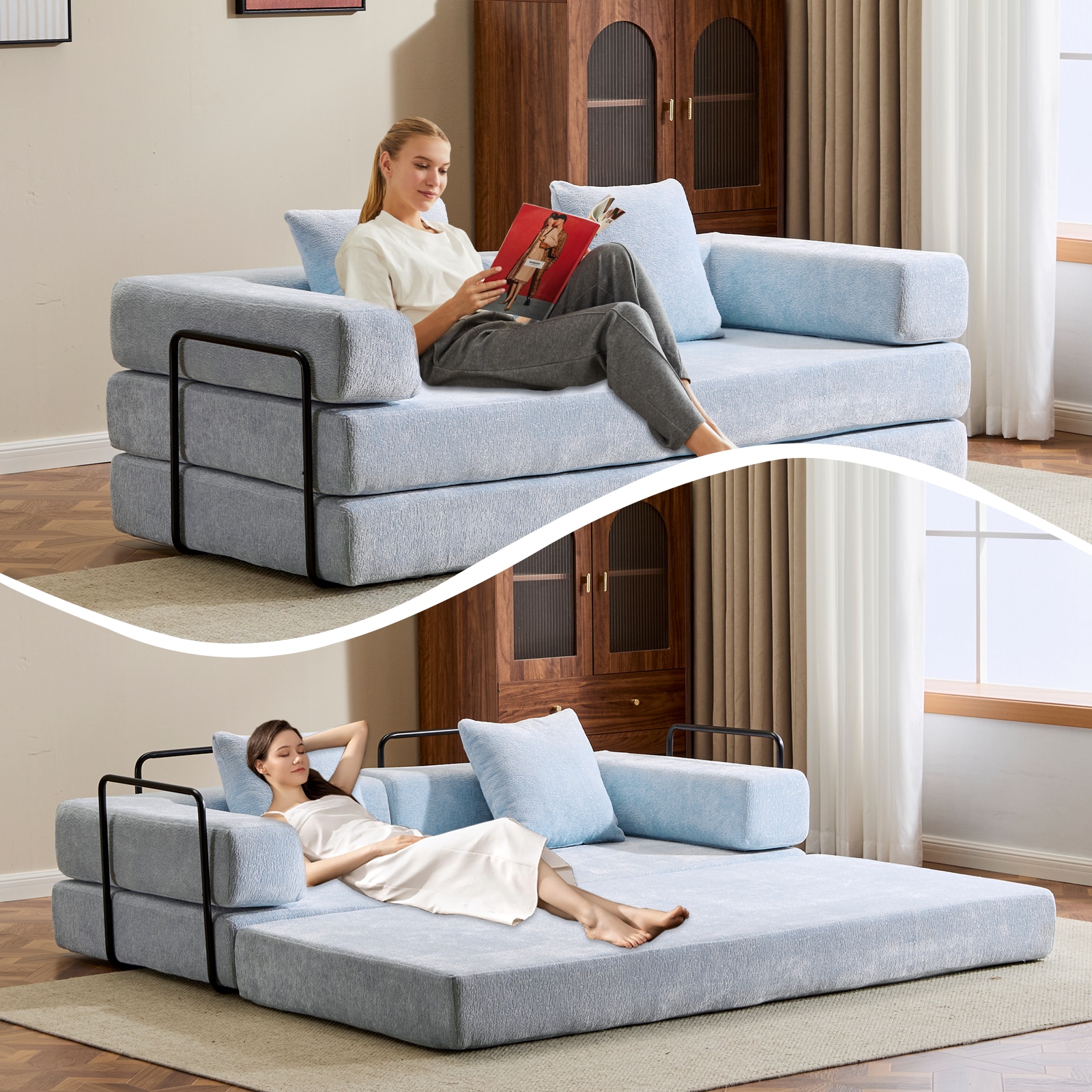 Floor Couch,Compression Sofa,Convertible Floor Sofa Bed-with Pillow Back Support Armrest,Comfy Futon Couch Lounge Sleeper Bed (Light-Blue)_voghion.com